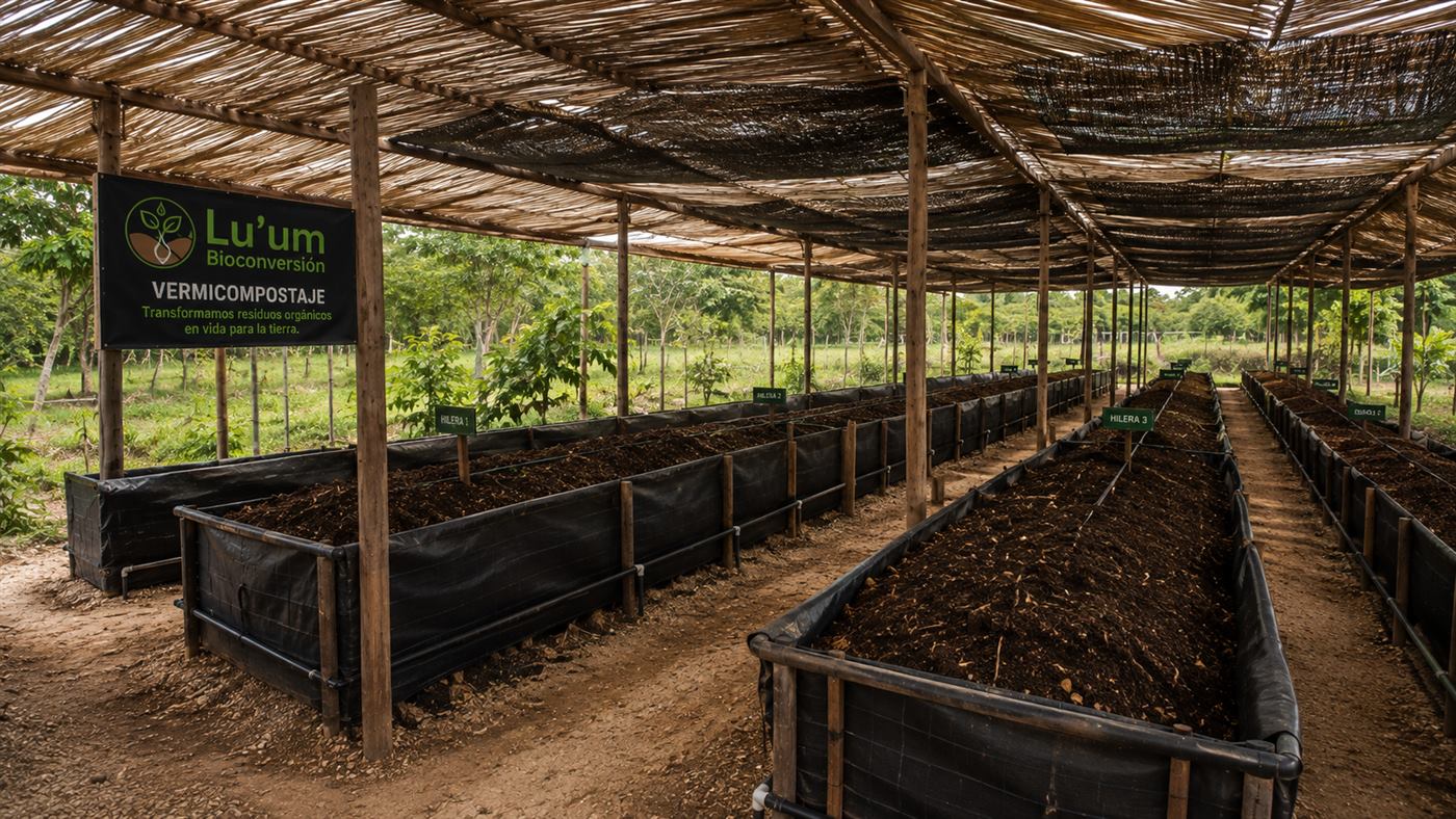Área de vermicompostaje con protección solar